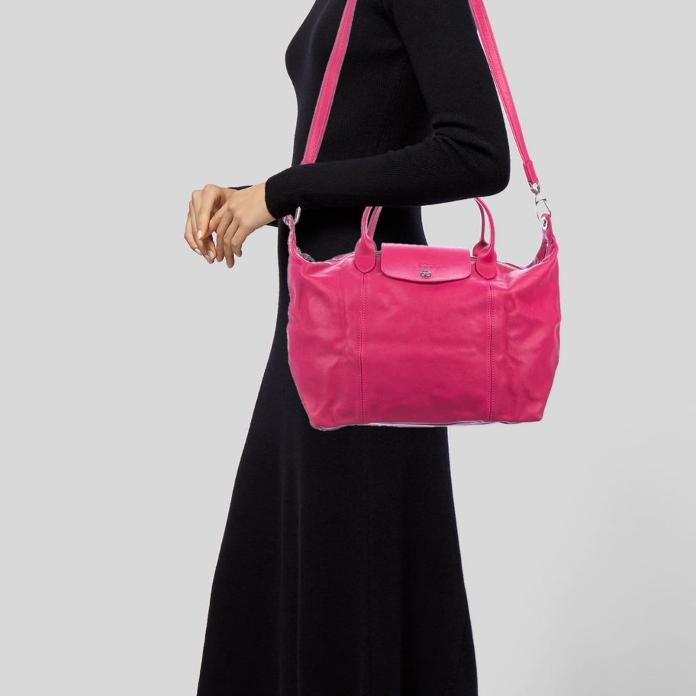 NEW LONGCHAMP Pink Leather Medium Le Pliage Tote Handbag Foldable Packable